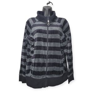 ☀️ New York & Company Velour Striped Zip Up Jacket Women's Large Gray Black
